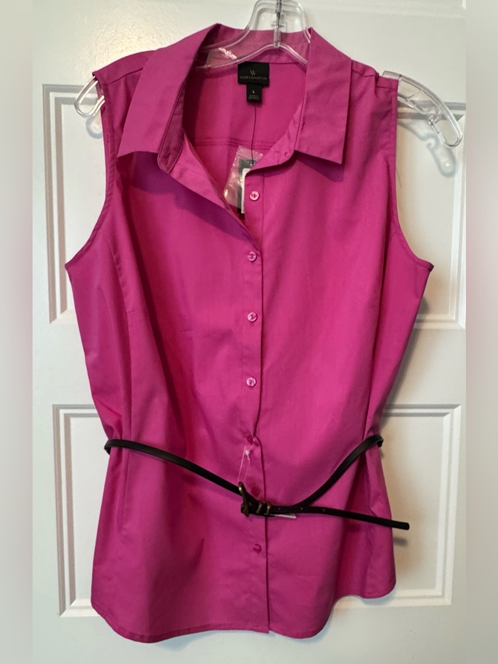 Worthington NWT Pink Sleeveless Button Front Blouse L Career Office Top Belted